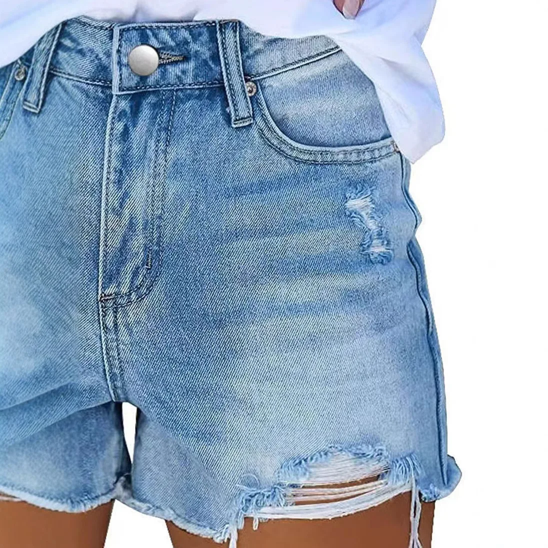 ショーツデニムリッピング穴ダメージ加工漂白ジーンズ女性ストレートパンツジーンズ洗浄ハイウエストポケットジッパーフライカジュアル