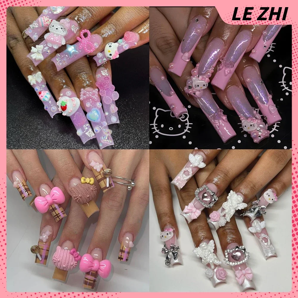 XL Square Cartoon 3D Fake Nails Hello Kitty Mymelody Kuromi Kawaii Pink Diamond Strong Firm Long Press On Party sticker