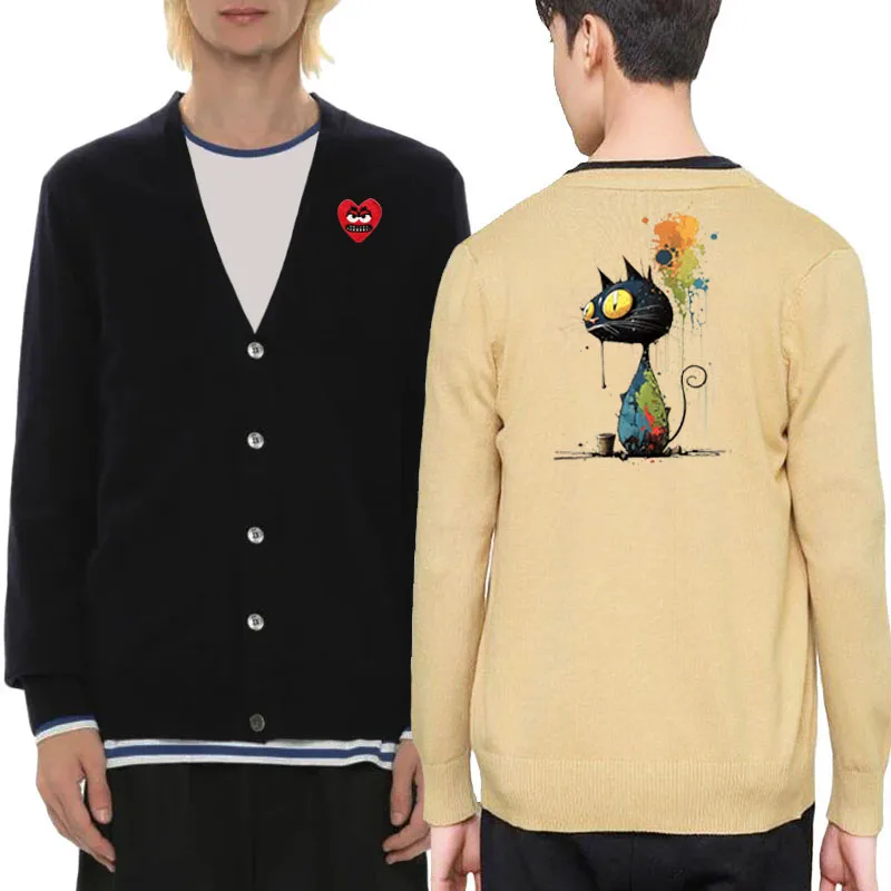 Cartoon Cat Printing Men Cardigan Cotton Cool Snag Heart Embroidery V-Neck Single Breasted Long Sleeves Autumn Fit Sweater