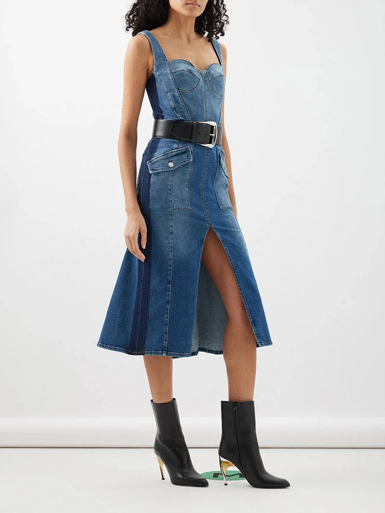 

Dresses y2k Spring/Summer colourblocked washed sleeveless halter denim Womens dresses2024 waistband split cotton long dresses