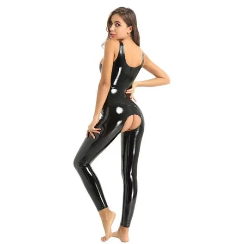 

Women's Sexy Faux Leather Jumpsuits Open Crotch Nightclub Clothing Exotic Shiny PVC Pantent Sling Sleeveless Bodysuits New