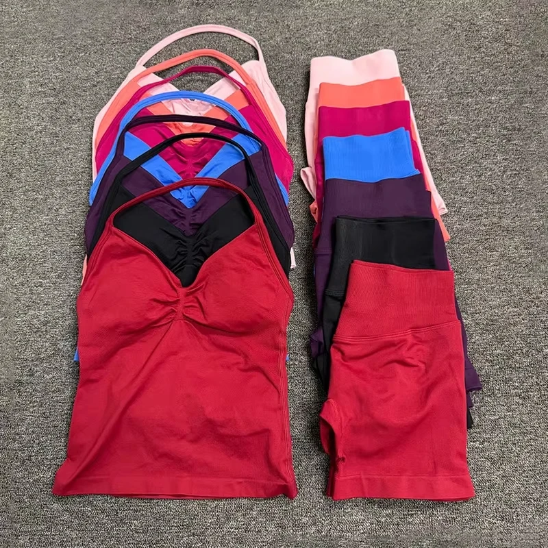 

Women Gym Clothes Longline Strappy Top and Seamless Running Shorts Sports 2 PCs Fitness Suit Running Workout Yoga Set