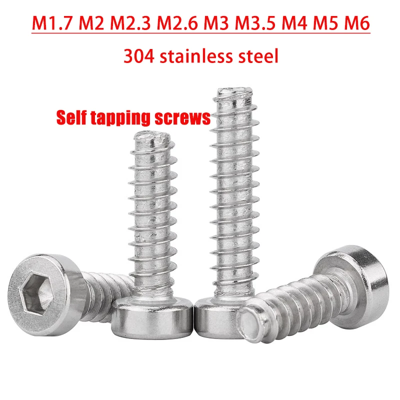 M1.7 M2 M2.3 M2.6 M3 M3.5 M4 M5 M6 HB 304Stainless Steel Thin Round Cylindrical Head Hexagonal Self Tapping Flat Tail Screw