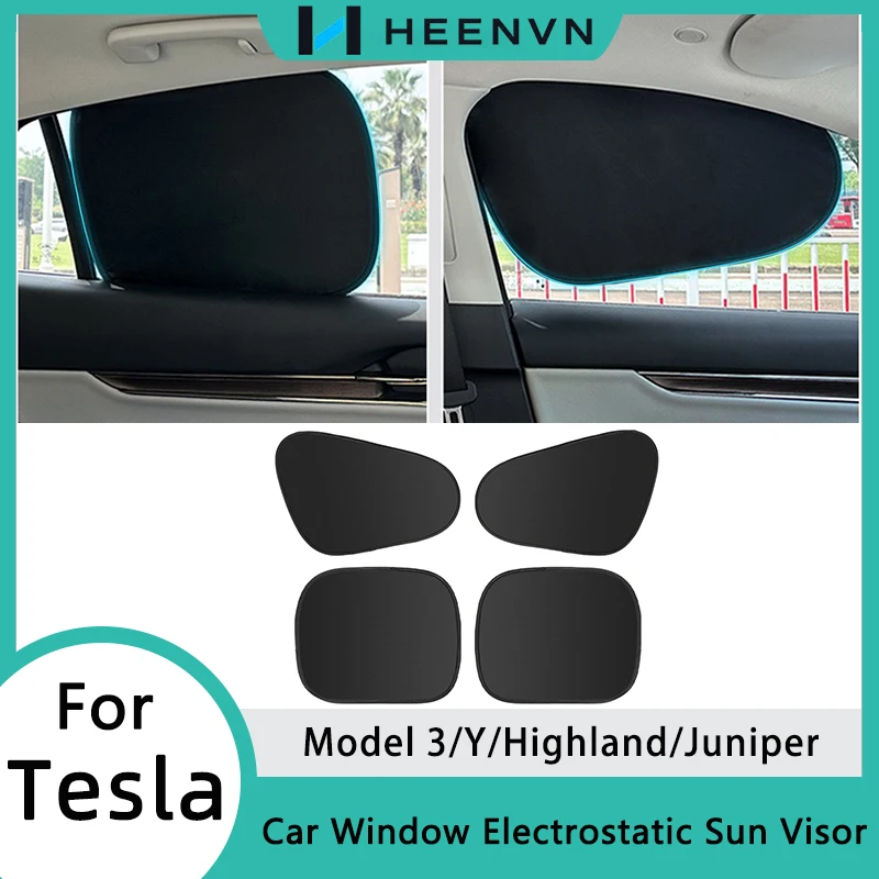 HEENVN Electrostatic Sun Visor for Tesla Model 3/Y 2020-2026 Car Side Window 4-Layer Sun Shade Curtains Anti-Glare UV-Blocker