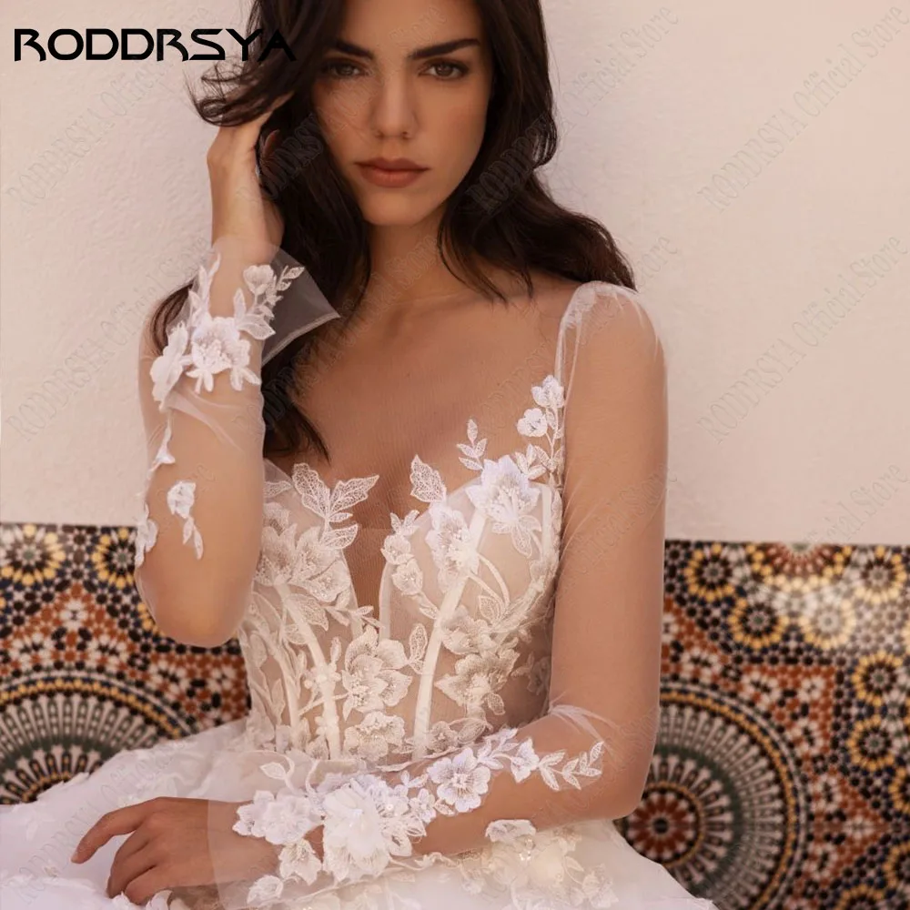 RODRSYA Exquisite Wedding Dresses For Woman O-Neck Long SleevesRODDRSYA Requintados Vestidos De Casamento Para A Mulher O Pescoço Mangas Compridas Vestidos De Noiva Lace Applique A Line Illusion Voltar vestido de noiva