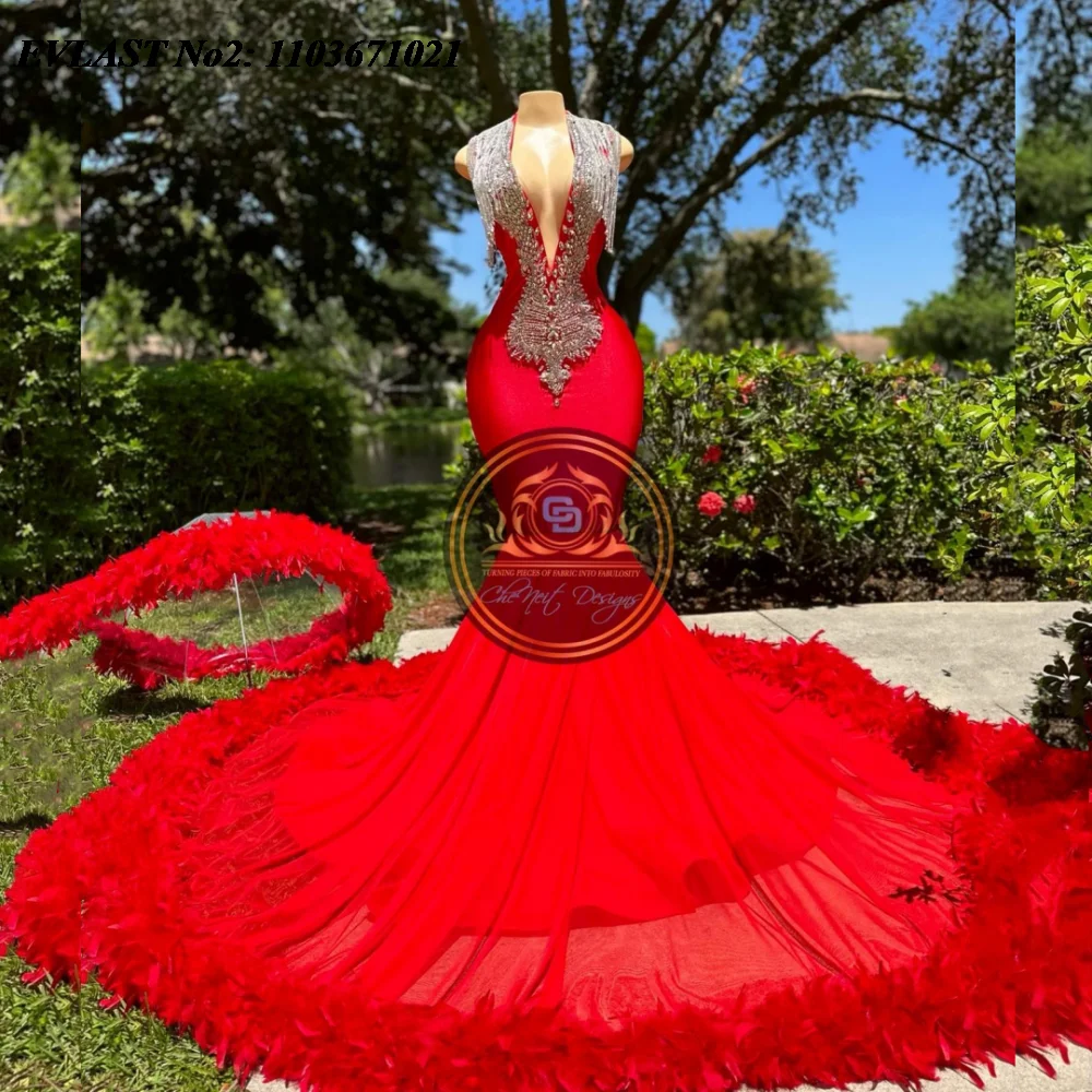 EVLAST Customized African Red Feather Mermaid Prom Dress Rhinestones Beaded Black Girls Evening Dress Formal Party Gown E2P102