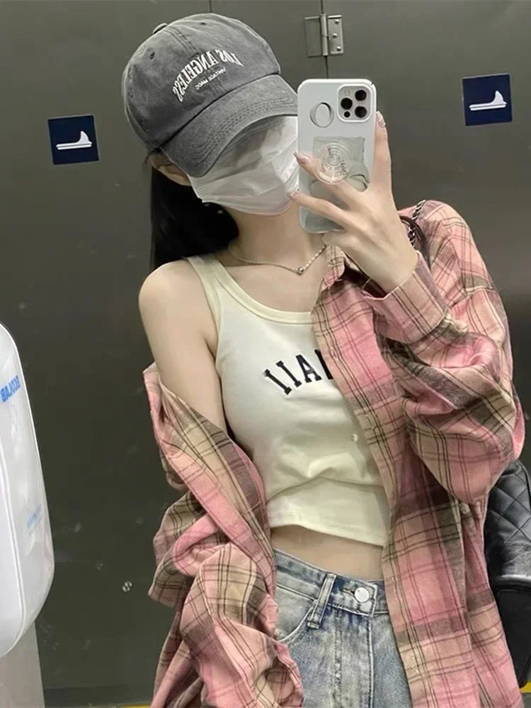 Damska bluzka w kratę z długim rękawem, koszula w kratę, zielono-różowe topy, podstawowa, tania, damska moda koreańska, recenzje, dużo ubrań