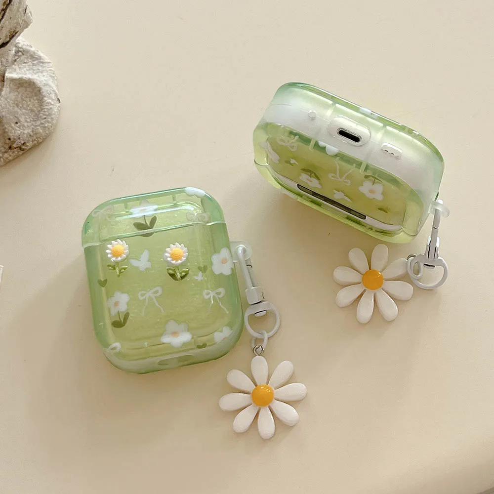 3D Green Sunflower Fresh Flower Bowknot Earphone Case Cover For AirPods 1 2 3 4 New Air Pods Pro 2nd 4th Shell with Pendant
