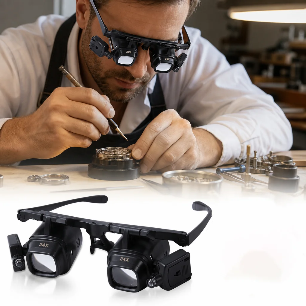 Loupe de bijoutier 24X avec double éclairage LED, à fixation sur la tête, pour la soudure électronique, la lecture et la réparation de cartes de circuits imprimés