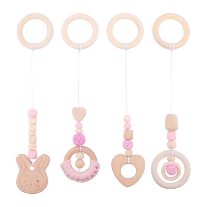 4 Pcs Baby Gym Frame Pendants Fitness Rack Stroller Crib Rattle Wooden Ring Beads Teether Hanging Mobile Bed Infants W3JF