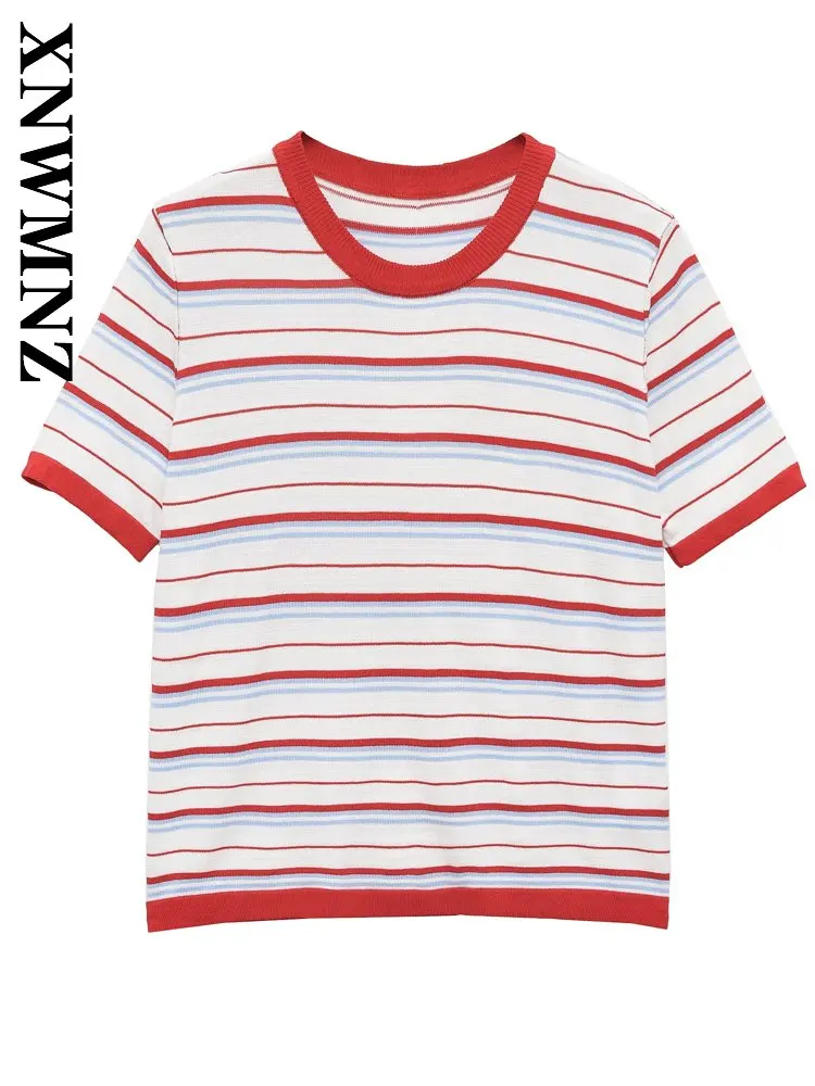 

XNWMNZ 2026 Летняя женская простая модная футболка с коротким рукавом и круглым вырезом, с принтом, универсальная повседневная женская винтажная полосатая приталенная футболка