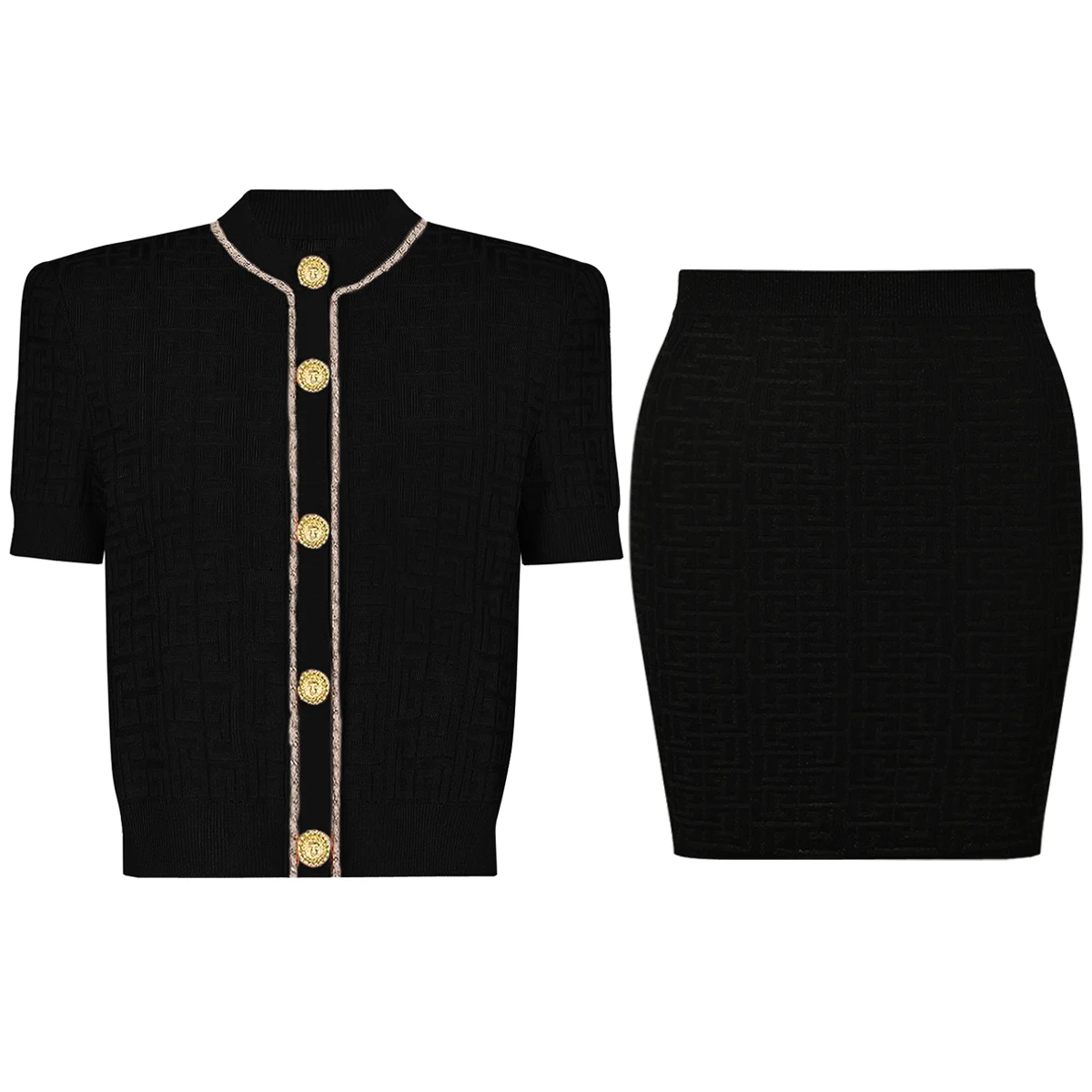 

High Quality Elastic Knitted New Fashionable Round Neck Textured Chain Cardigan Slim Fit Short Skirt Commuter Women's Set