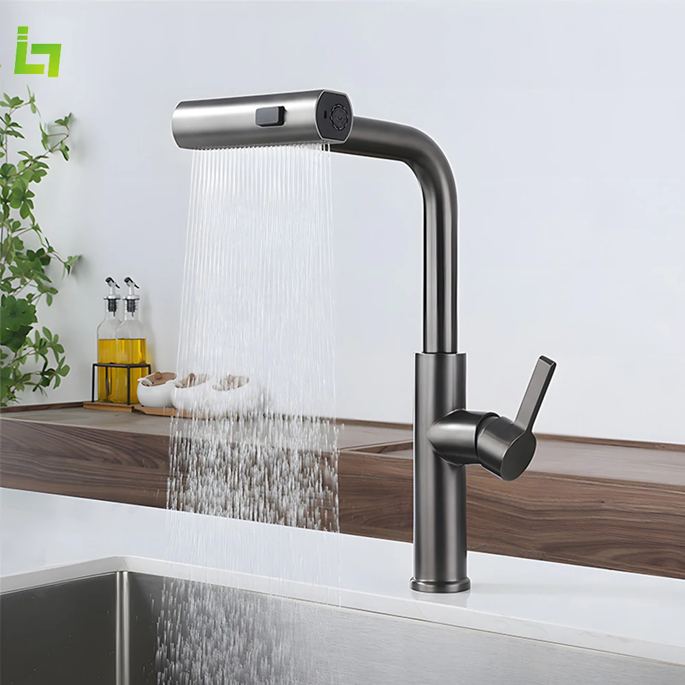 

Stainless Steel Grey Kitchen Faucet 360 ° Rotation Cold and Hot Deck Mounted Pull Out Sink Multiple Water Outlet Methods Tap