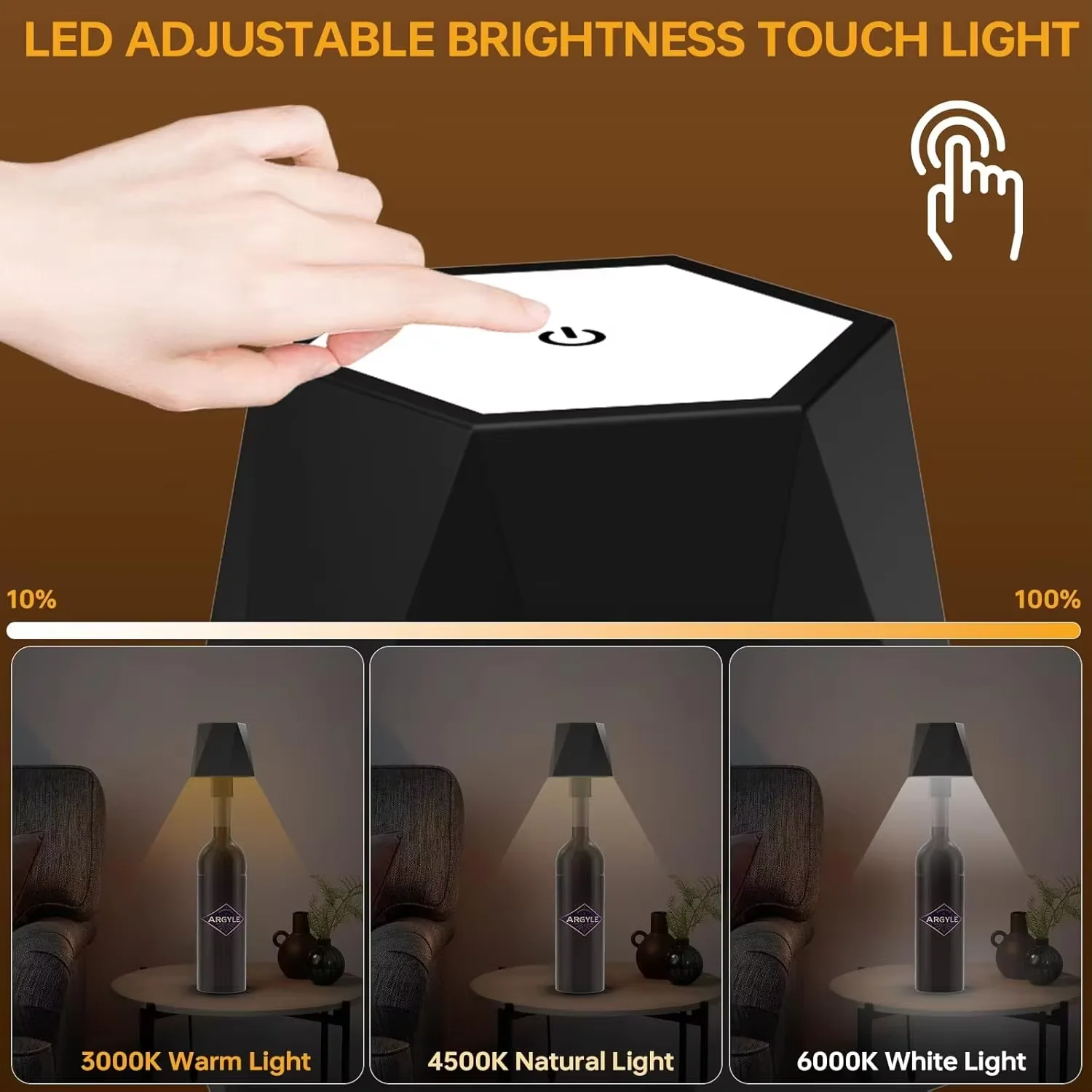 Lampada da tavolo a tre colori con ricarica touch a LED, luce notturna da tavolo con regolazione continua, lampada decorativa creativa per bar ristorante da comodino