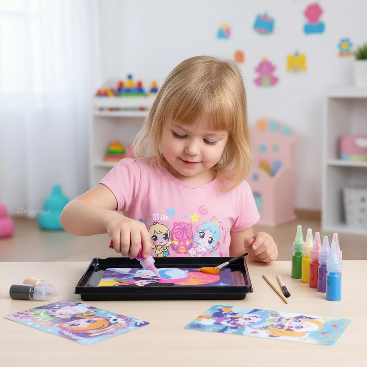 مجموعة فنية الرمل السحري للأطفال الأميرة / القلعة / بطاقات الحيوانات مع مجموعة الرمل الملونة DIY ألعاب تعليمية مونتيسوري هدية للأولاد والبنات