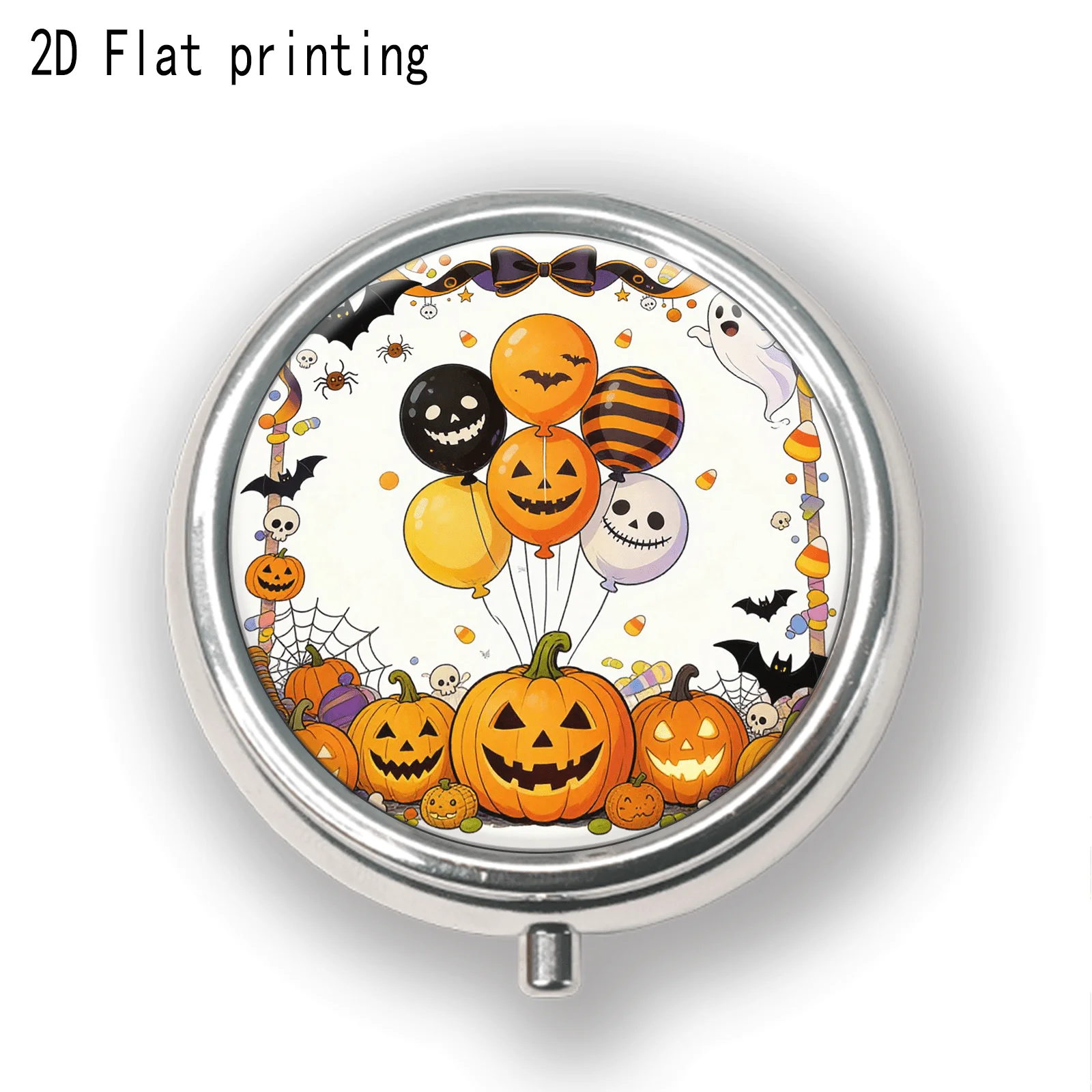1Pc Flat Children's Style Halloween Pumpkin Balloon Watercolor Illustration Pattern, Round Three-Compartment Small Medicine Box, Portable Medicine Storage, Small Jewelry Storage, Suitable for Handbags or Travel, Holiday Gifts, Souvenirs, Prizes, Small Gifts, for Personal Use or as Exquisite Gifts