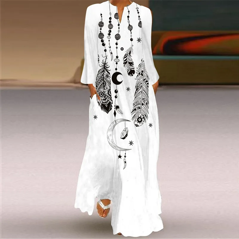 Spring And Autumn Women's Fashion Peacock Feathers Print Long Sleeved Dress Elegant Woman Small V-neck Pocket Casual Long Dress