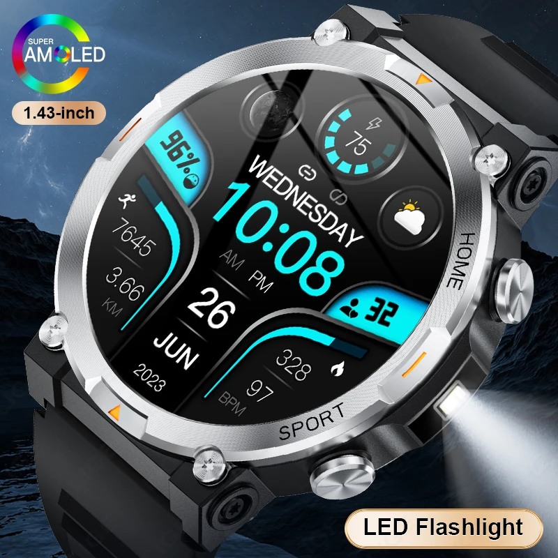 

LIGE Men Smartwtach 1.43 Inch AMOLED Screen Men Watch Health Monitoring Sports LED Flashlight Smart Watch Bluetooth Call Watches