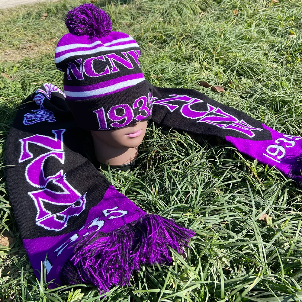 NCNW Sorority Letters 1935 Purple Black Knit Scarf Hat Set