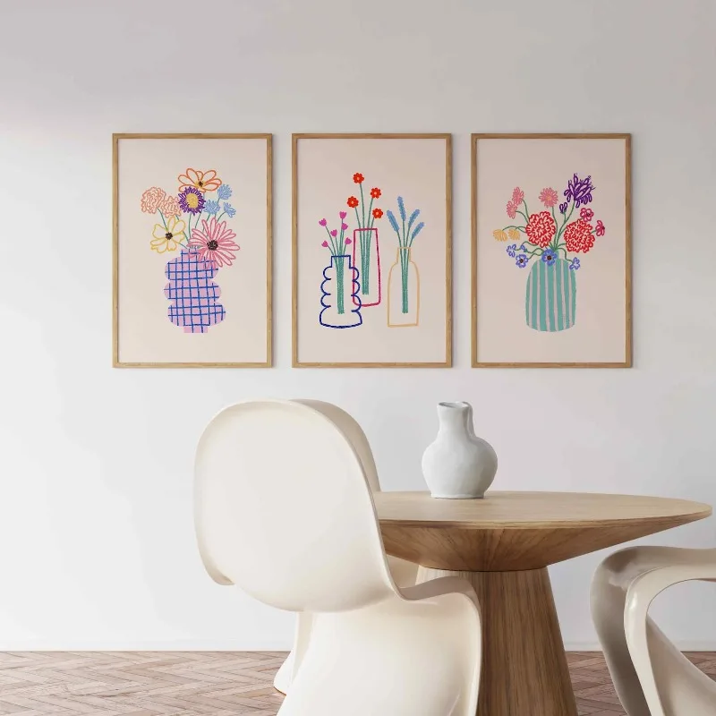 3PCS Colorful Vase Flowers Canvas Print, Abstract Hand Drawn Floral Art For Dining Room Wall Decoration