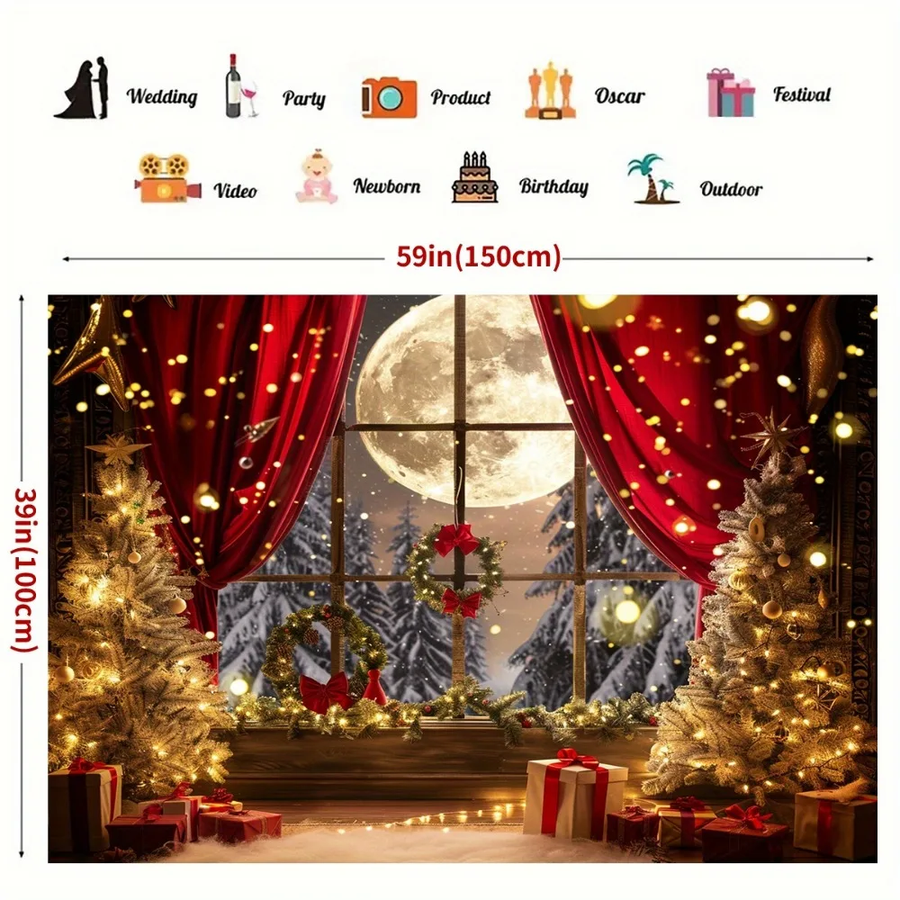 Christmas tree and moon window background banner, 1 polyester photographic background cloth