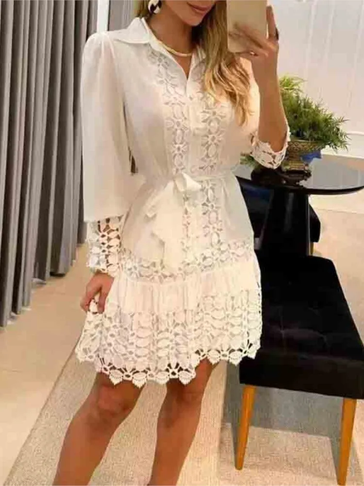 Spring Autumn Hollow Out Floral Solid Color Fashion Casual Sexy Lace Patch Shirt Dress Mini Dress Y2k Party Holiday Vestido