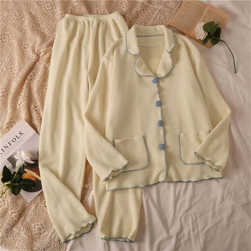 

2024 New Pajamas Women's Autumn Winter Coral Fleece Sleepwear Warm Long Sleeve Homewear Suit Thickened Fleece V-neck Loungewear