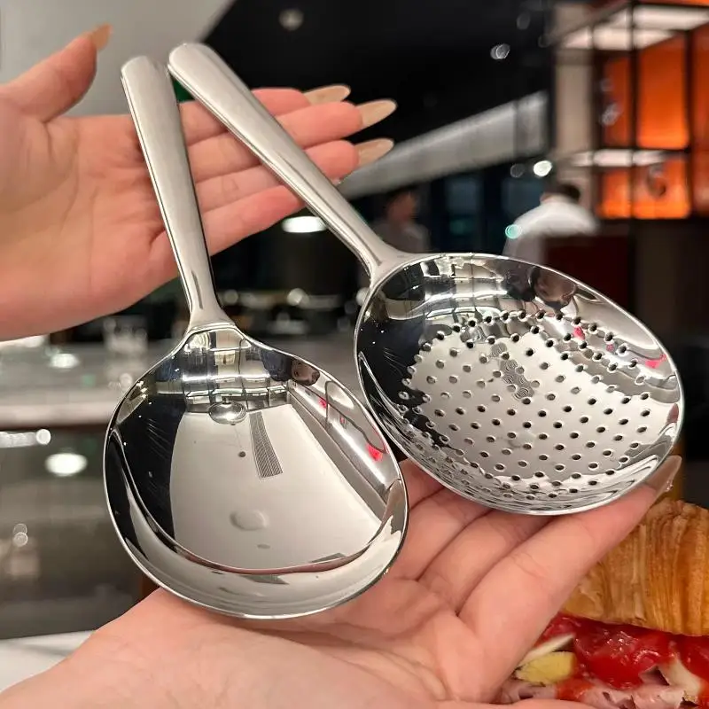 Juego de 1/2 cucharones de sopa y arroz de acero inoxidable; Mango con aislamiento térmico; Diseño de orificio de drenaje; Perfecto para uso diario en la cocina