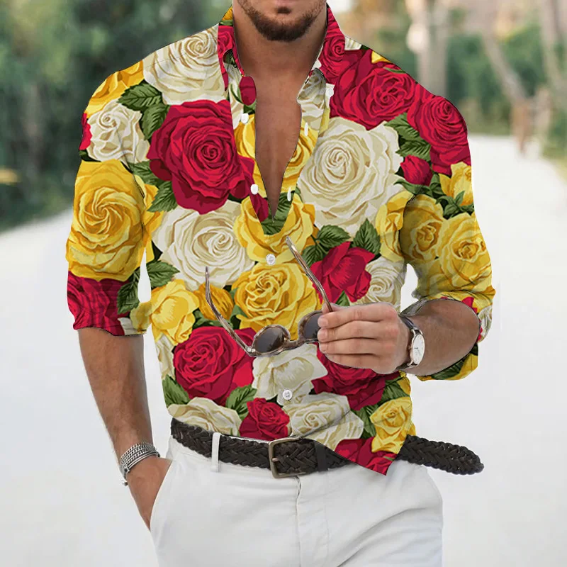 Spring and autumn fashion men\'s long sleeved Hawaiian shirt men\'s 3D printed flower shirt men\'s trendy top