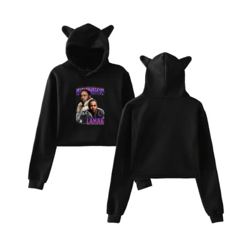 Kendrick lamar-top curto feminino, hoodie de manga comprida, harajuku, kawaii, pulôver de orelha de gato, tops streetwear