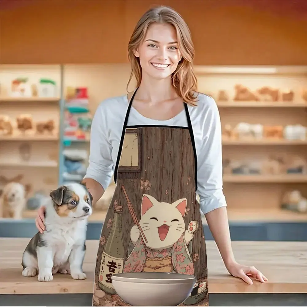 Cute Cat Japanese Style Apron - Funny Cartoon Graphic Linen Bib for Women Men Chef Cooking Baking Kitchen Gift