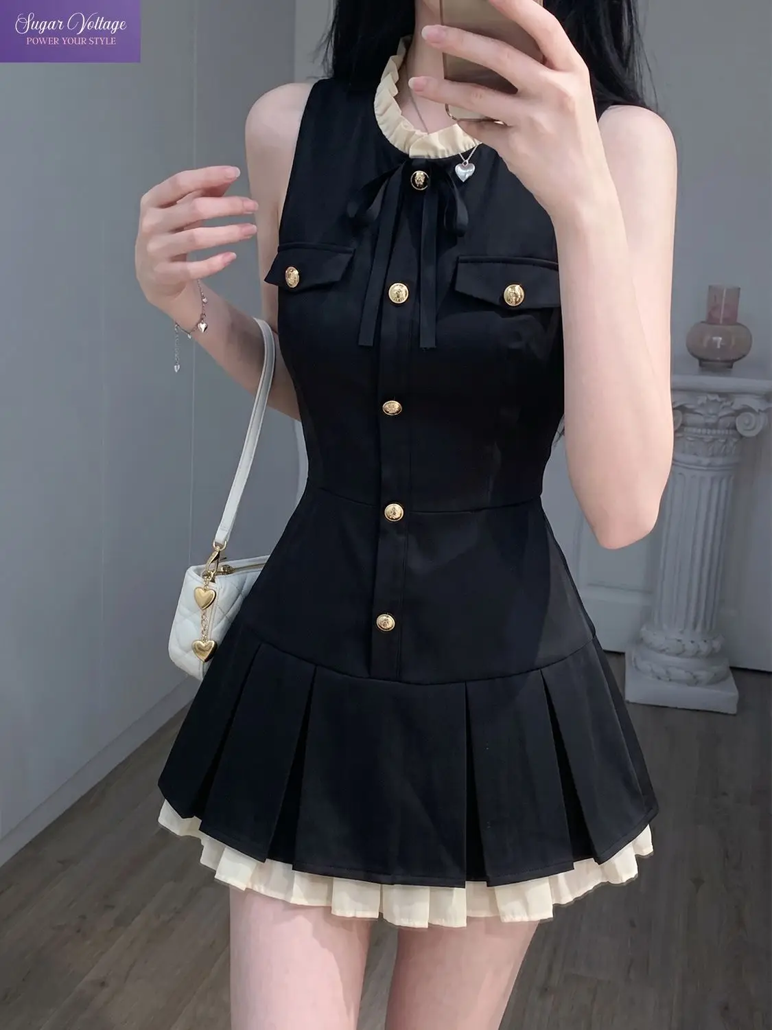 French Elegant Two Tone Sleeveless Pleated A-Line Mini Dress Women Gold Button Bow Ruffled Collar Slim Fit Bodycon Party Dress