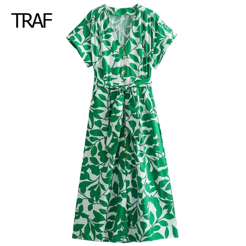 

TRAF V-Neck Short Sleeves Single Breasted Dress Fashion Summer Dresses 2024 Midi Print Dresses With Belt Vacation Beach Dresses