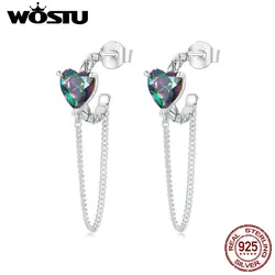 WOSTU 925 Sterling Silver Special Long Link Tassel Earrings For Women Heart Mystic Topaz Stud Earring Wedding Party Jewelry Gift