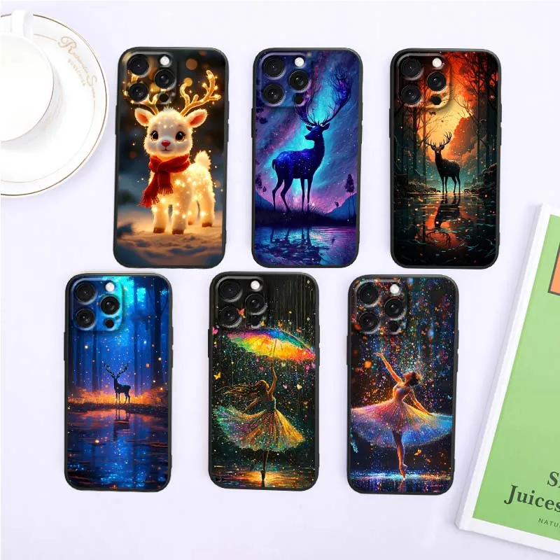 

Luminous Sparkling Deer Girl Phone Case For Apple iPhone 17 16 16E 15 14 13 12 11 Air Pro Max Plus Black Soft Silicone Cover