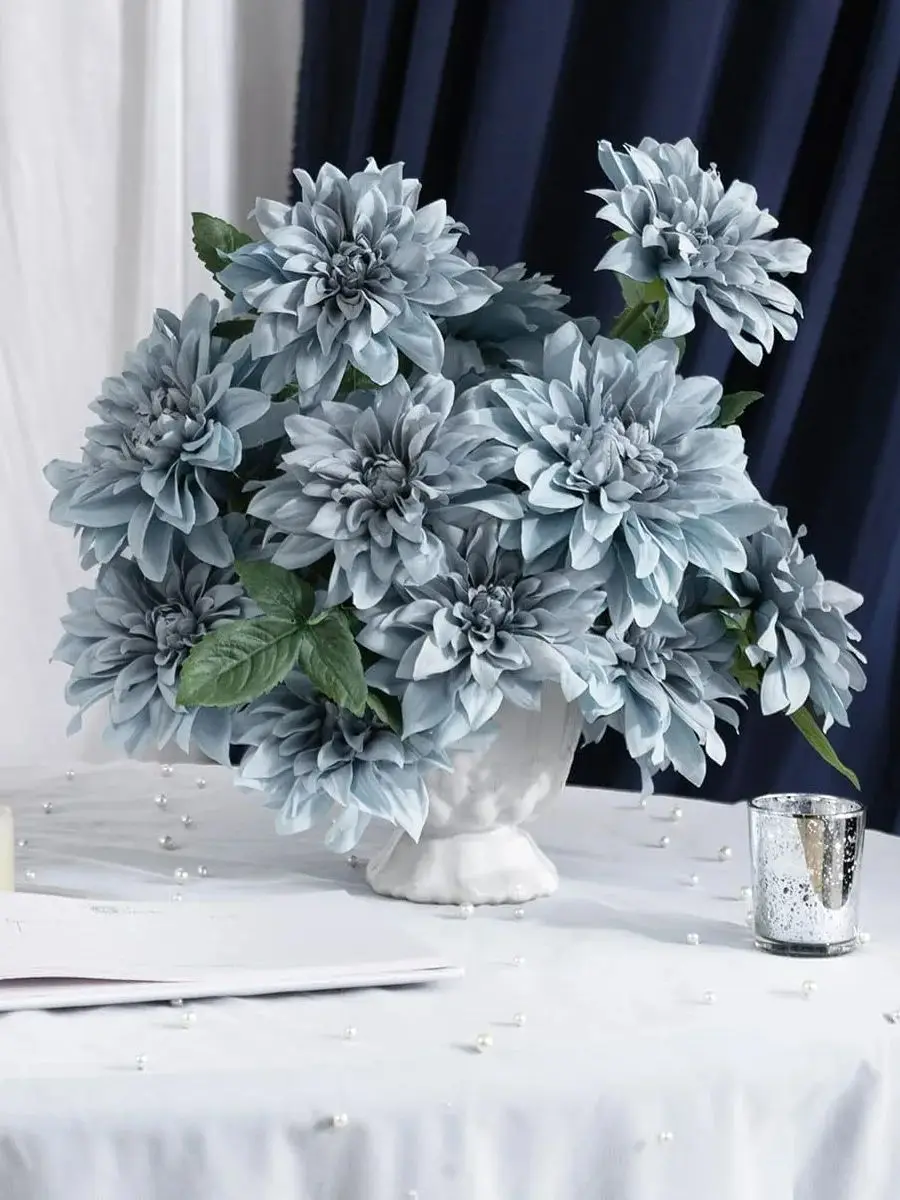 Yannew 20 pièces fleurs de Dahlia artificielles bleu poussiéreux avec tige boîte combinée pour bricolage fête de mariage Arrangement Floral pièce maîtresse décor
