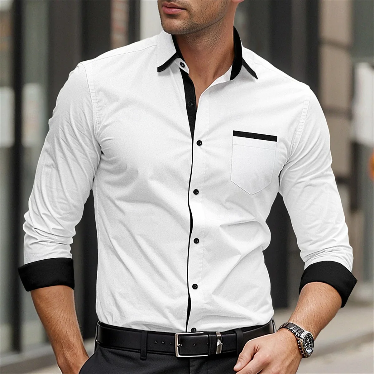 New men\'s formal button up shirt long sleeved solid color lapel for spring and autumn weddings, daily pocket patchwork clothing