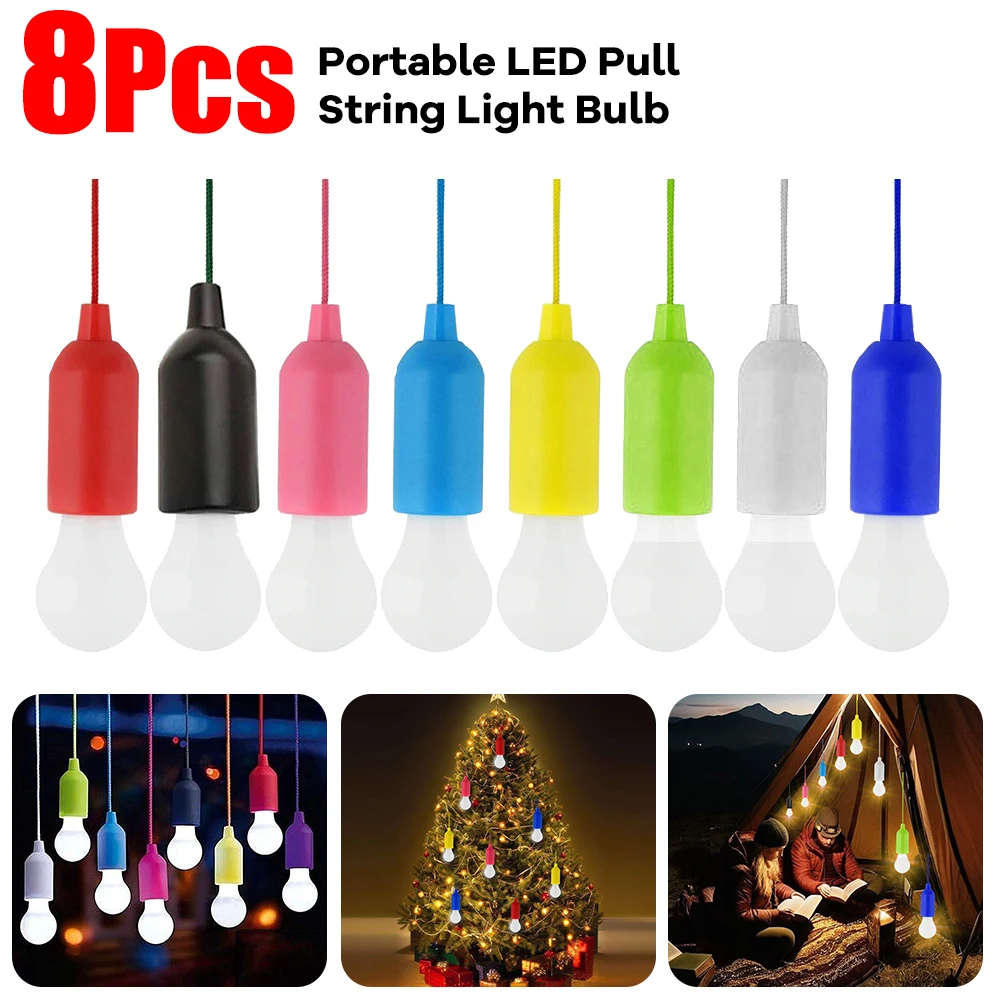 8Pcs Portable LED Pull String Light Bulb Battery Operated Colorful Hanging Lamp Retro Camping Light Bulb for Weddings Festivals