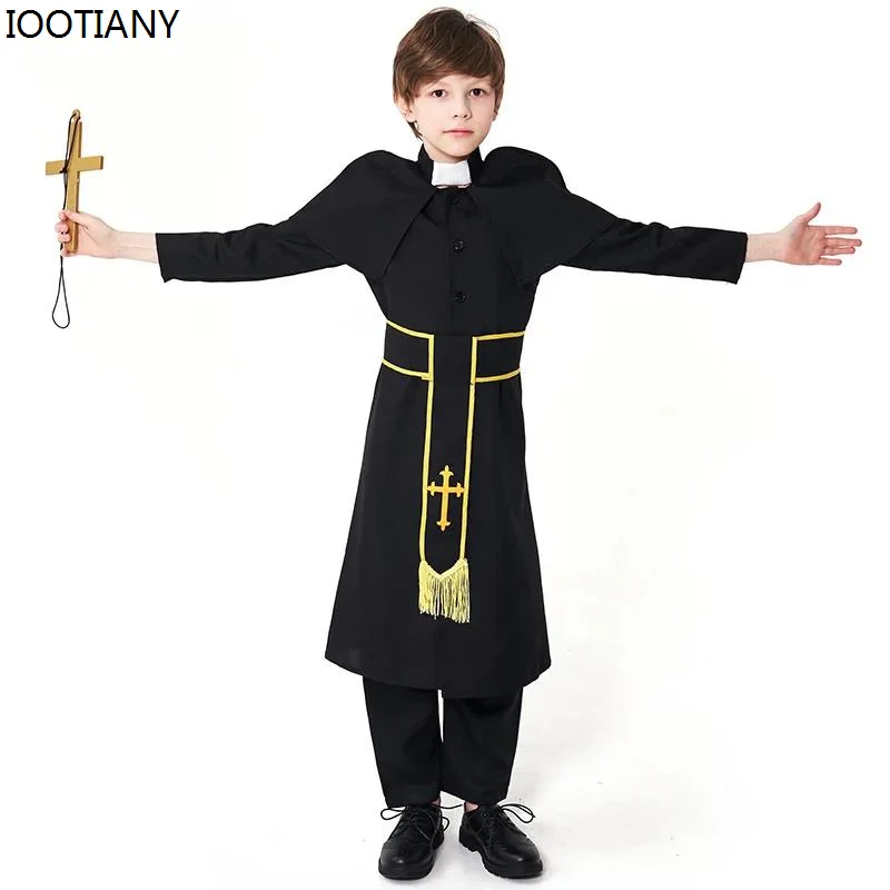 IOOTIANY 소년을위한 할로윈 의상 어린이 종교 목사 아버지 사제 의상 판타지아 코스프레 의류