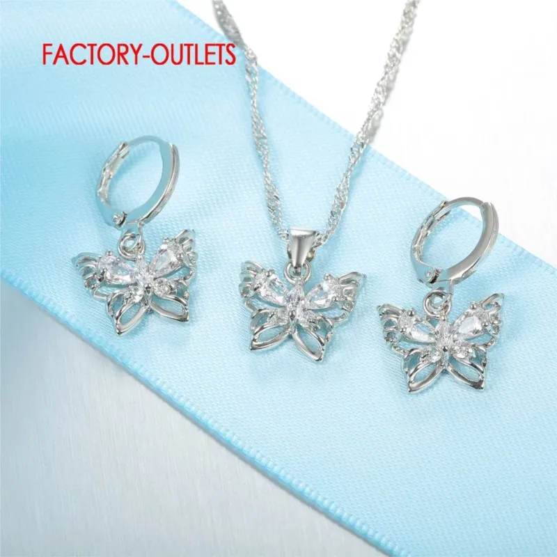 

Pretty Butterfly Design Fashion 925 Sterling Silver Jewelry Set For Women Zircon Crystal Earrings+Necklace Wedding Sets