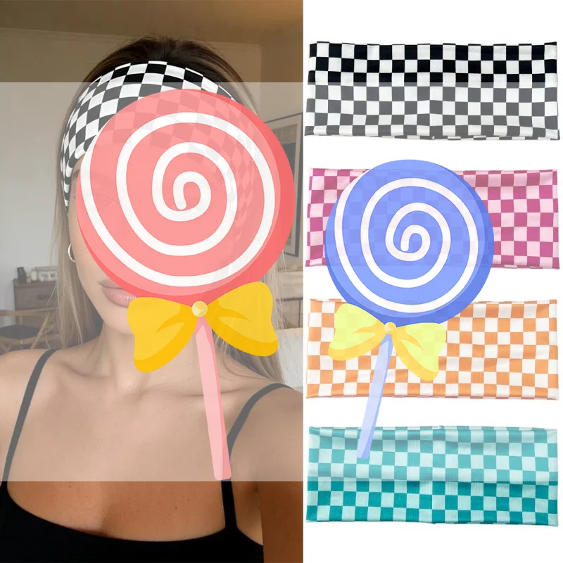 Breathable Checkerboard Elastic Headbands Women 1PC Sweat Control for Sports