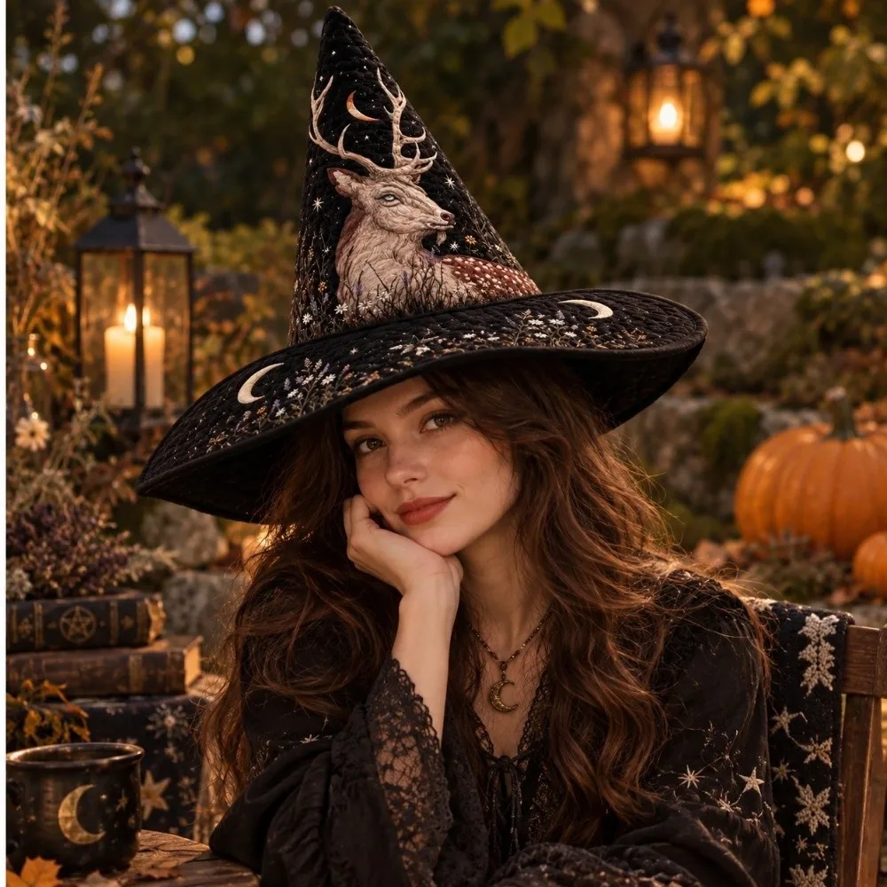 Wide Brim Halloween Witch Hat Vintage Cosplay Festival Hat Quilting Process Reindeer Pointed Wizard Hat Festival