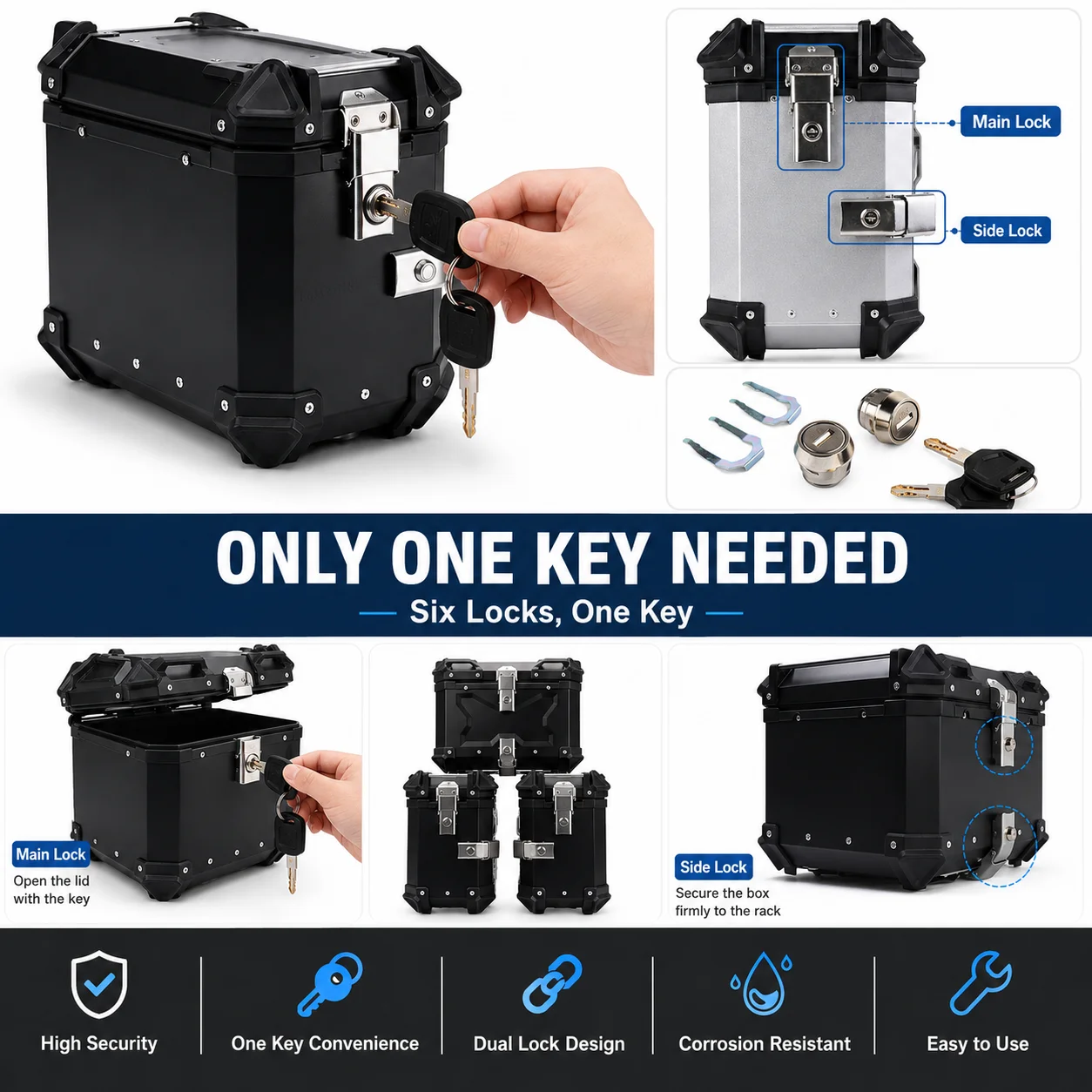 Maletero de equipaje Universal para motocicleta, caja lateral de almacenamiento, cerradura de llave, accesorios de repuesto, 36L-100L