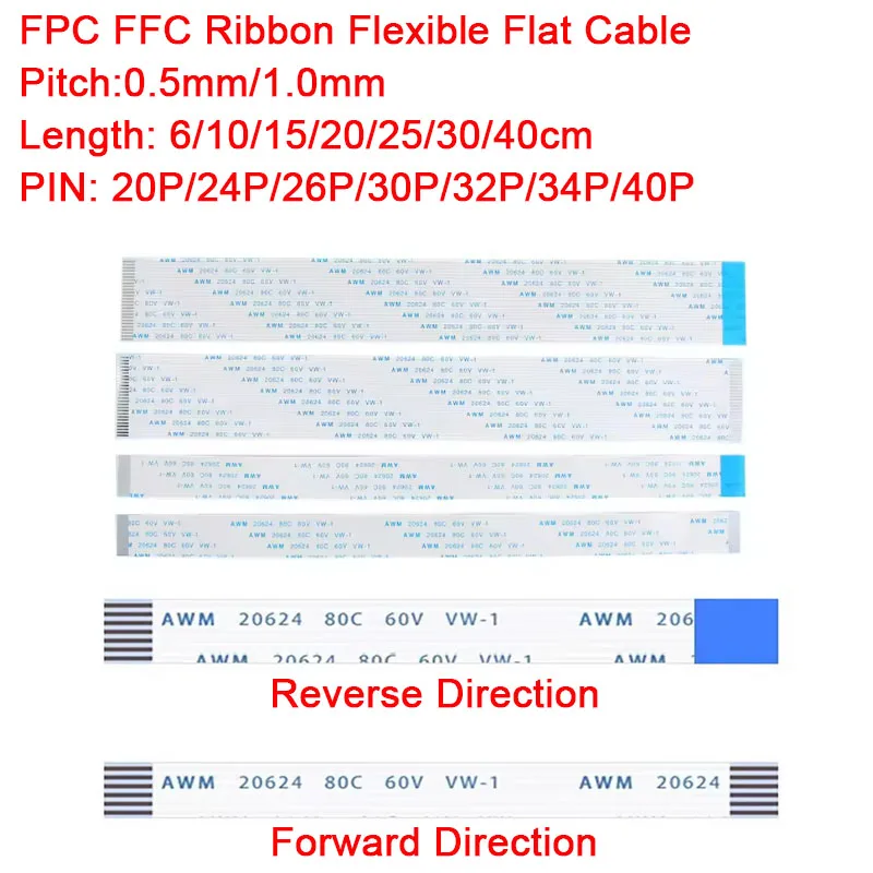 5-10PCS Flat Flexible Cable FFC FPC AWM 20624 80C 60V VW-1 FFC-0.5MM 1.0MM 20P/24P/26P/30P/32P/34P/40P Line Length 6/10/15/20CM