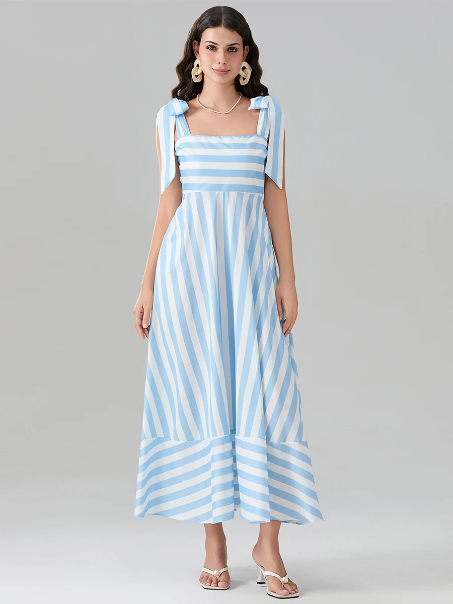 

Fashion Women's Striped Maxi Dress Oversized Loose Fitting Square Neck Sleeveless Tie-Up Ruffled Swing Dress with Pockets