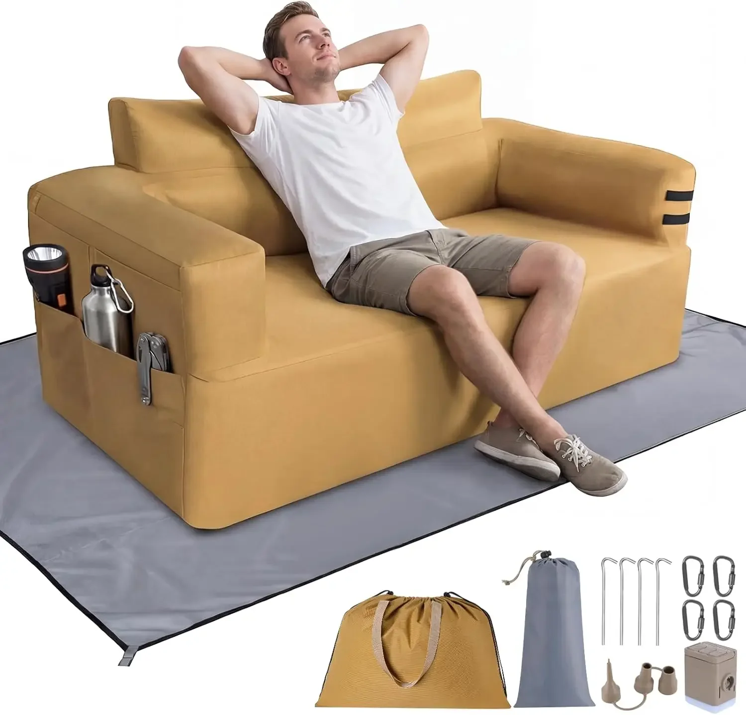 Portable Inflatable Couch with Built-in Pump,1000D Oxford Blow Up Sofa with Floor Mat for Camping