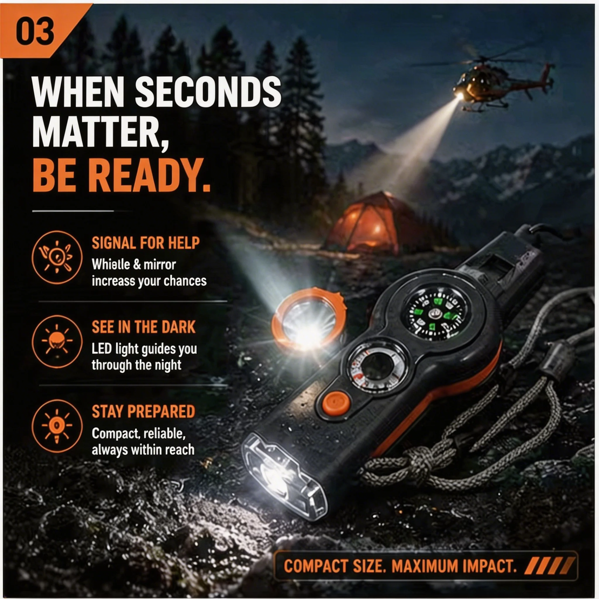 Camping Hiking 7in1 Outdoor Multifunctional Survival Whistle Flashlight Compass Thermometer Magnifier Reflector Glass Magnifying