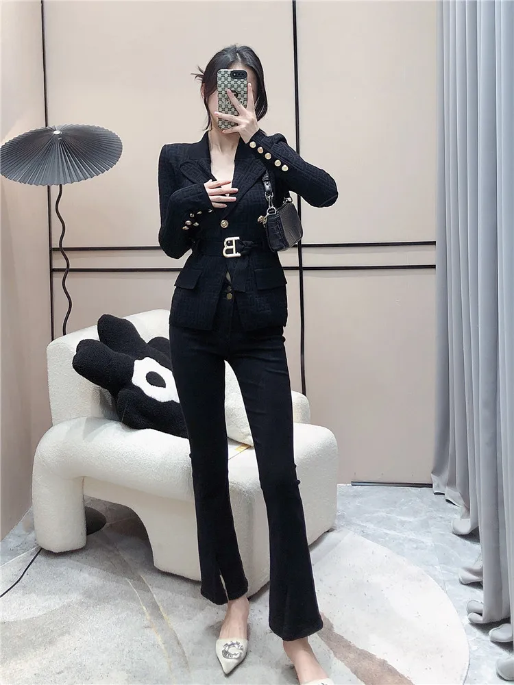 High Quality Women Fashion Autumn Vintage Elegant Temperament Long Sleeve Knitted Cardigan Belt Blazer Jacket Coat