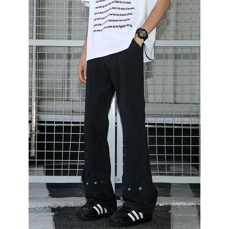 2024 Summer Men's Casual Pants Button Spliced Micro Horn Straight Leg Pants High Street Handsome Pants