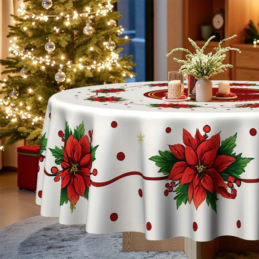 1Pc Christmas red, red berries, gold star print Christmas round table cloth